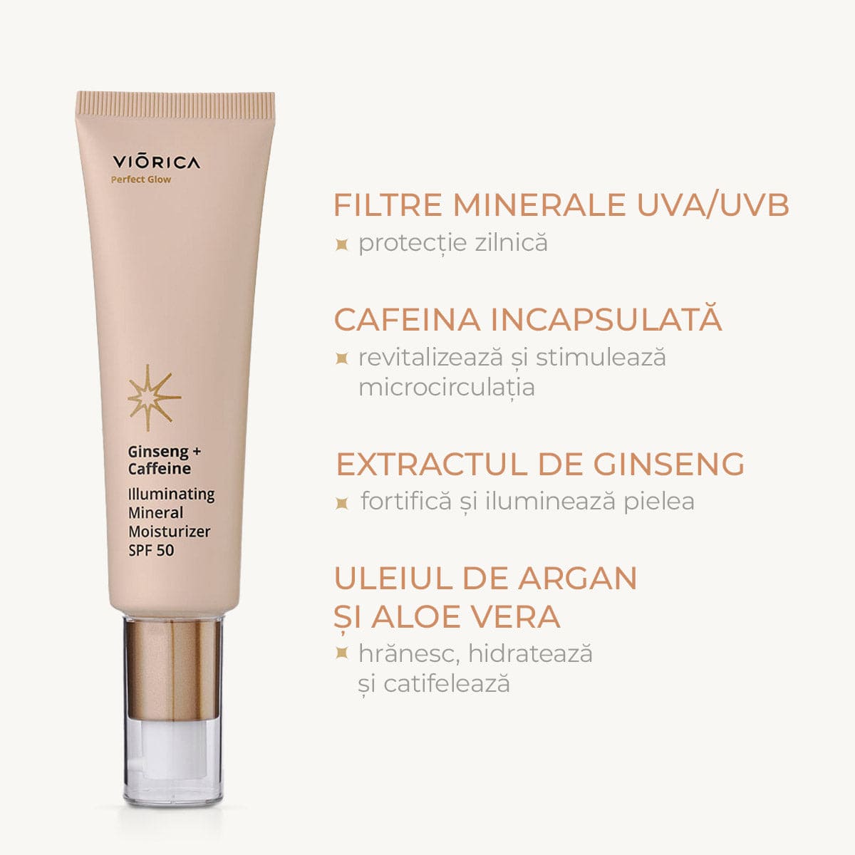 Cremă hidratantă și iluminantă cu protecție minerală SPF 50 Ginseng + Cafeină, Perfect Glow