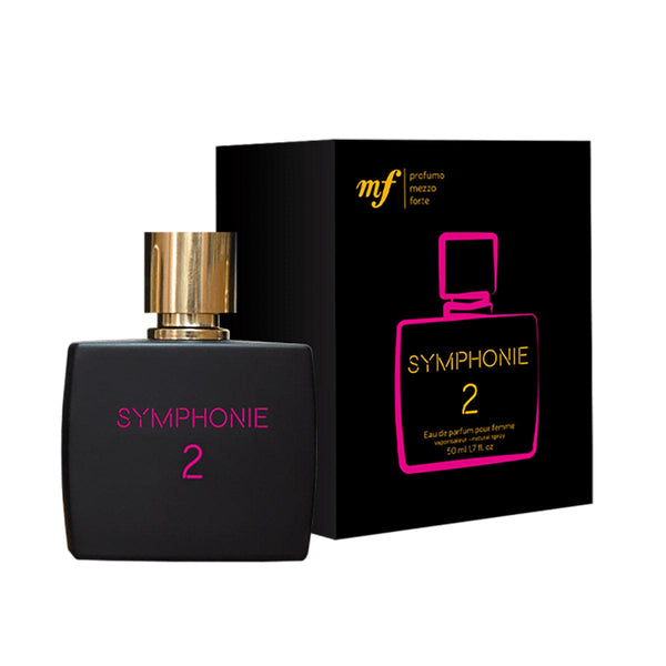Sticla Apă de Parfum Symphonie 2, ambalaj elegant negru și detalii aurii.
