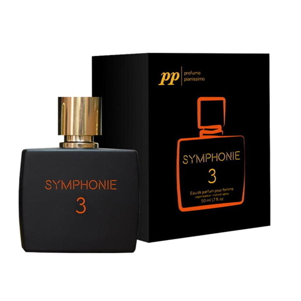 Apă de Parfum Symphonie 3, sticlă neagră cu capac auriu, cutie elegantă.